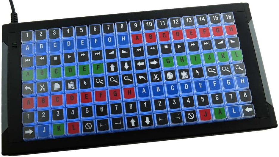 X-Keys XK-128 128-Keys Customizable USB Keyboard, Blue and Red Backlighting - XK-1225-UFK128-R