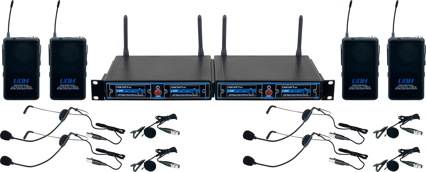 Bodypack　Compass　Microphone　Wireless　Channel　Includes　Bag　Four　Full　VocoPro　UHF/DSP　Package,　UDH-PLAY-4-MIB　Hybrid　Systems