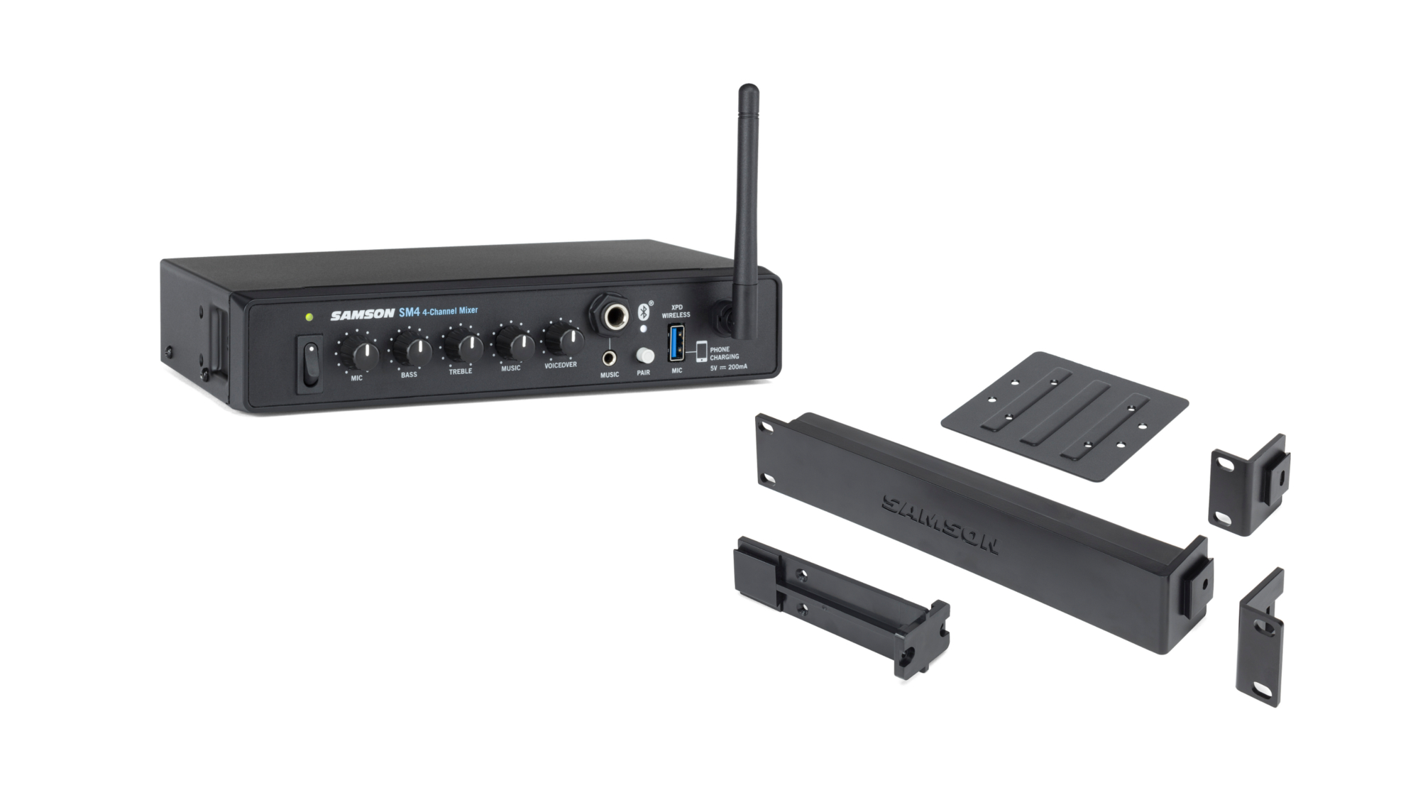 Samson SM4 4-Channel Bluetooth Fitness Mixer w//Wireless Mic Receiver+Rack Kit