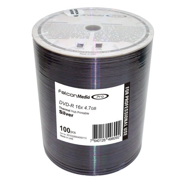 Falcon Media FA-DMR-0113 100-Pack of Silver Thermal Hub Printable 4.7GB DVD-Rs Total Comp graphic relating to Printable Dvd Rs titled Falcon Media FA-DMR-0113 100-Pack of Silver Thermal Hub Printable 4.7GB DVD-Rs Total Comp