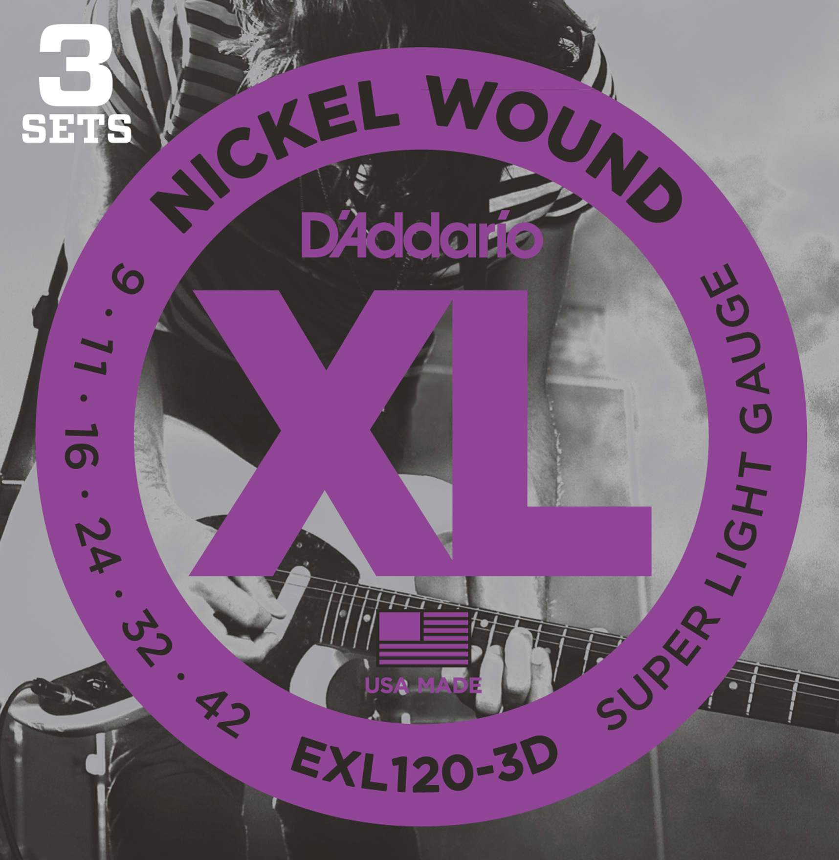 D`Addario EXL120-3D 3 Pack of Super Light XL Electric Guitar Strings for sale