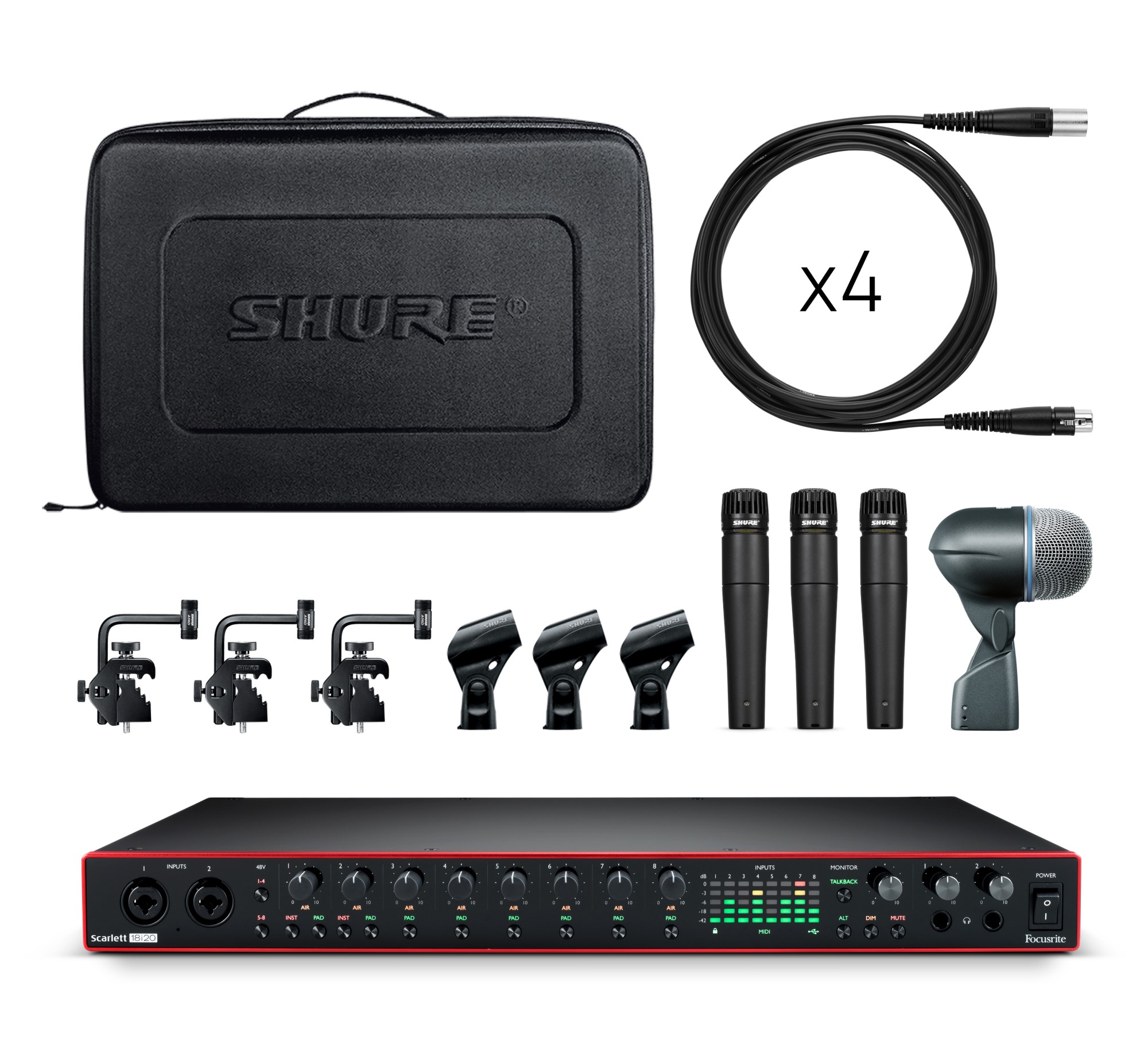 Shure Focusrite Drummers Track Pack Scarlett 18i20 Interface, DM57K-52 4-Piece Drum Mic Pack, And 4 25ft XLR Cables Full Compass Systems