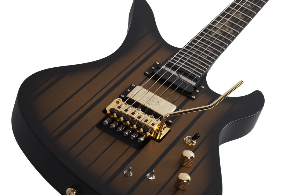 Schecter Synyster Gates Custom-S Black and Gold Mahogany Flat Top Electric Guitar, Gloss Black with Gold Stripes for sale