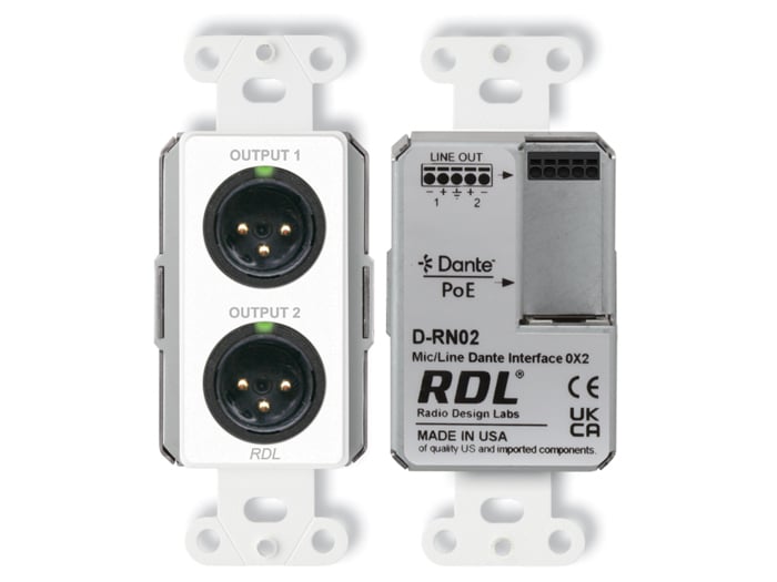 RDL D-RN02 Single-Gang 0x2 Wall-Mounted Mic/Line Dante Interface, 2x  Balanced XLR Outputs, White | Full Compass Systems