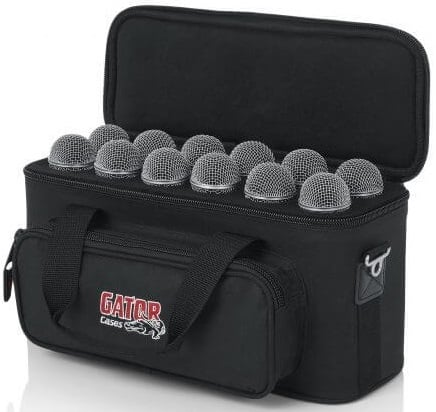 Designed to hold 12 microphones, this Gator Microphone Bag Bundle is equipped with the Gator GM12B microphone bag, GLS-104-BULK Goby Labs microphone sanitizer and the Popper Blocker pop filter insert for ball-style microphones.