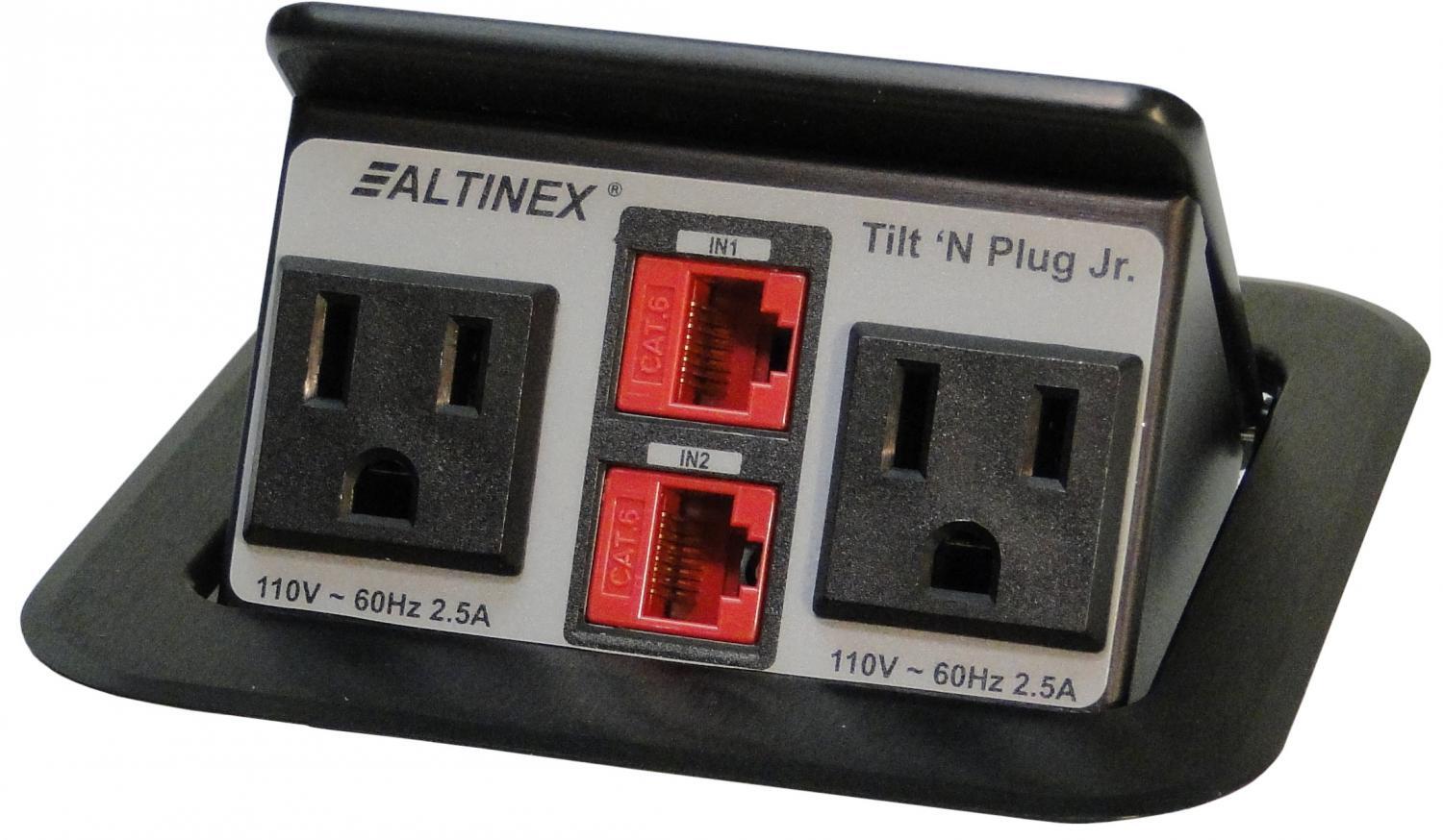 The Altinex Tilt 'N Plug Jr. model TNP151 is one member of compact interconnect solutions designed for installation into a table in a presentation system. The TNP151 provides access to computer network and AC power connections when needed, and hides them when not.