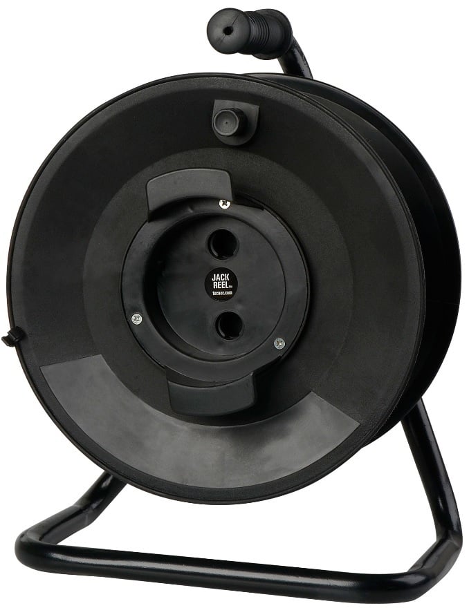 JackReel is a steel frame cable reel with comfort handle for easy carrying and reeling and a high impact plastic core that will hold up to 300 Feet of RG59 Coaxial Video cable, 300+ Feet of Quad-Star Mic cable or 100 feet of 14-3 SJ Power Cord.